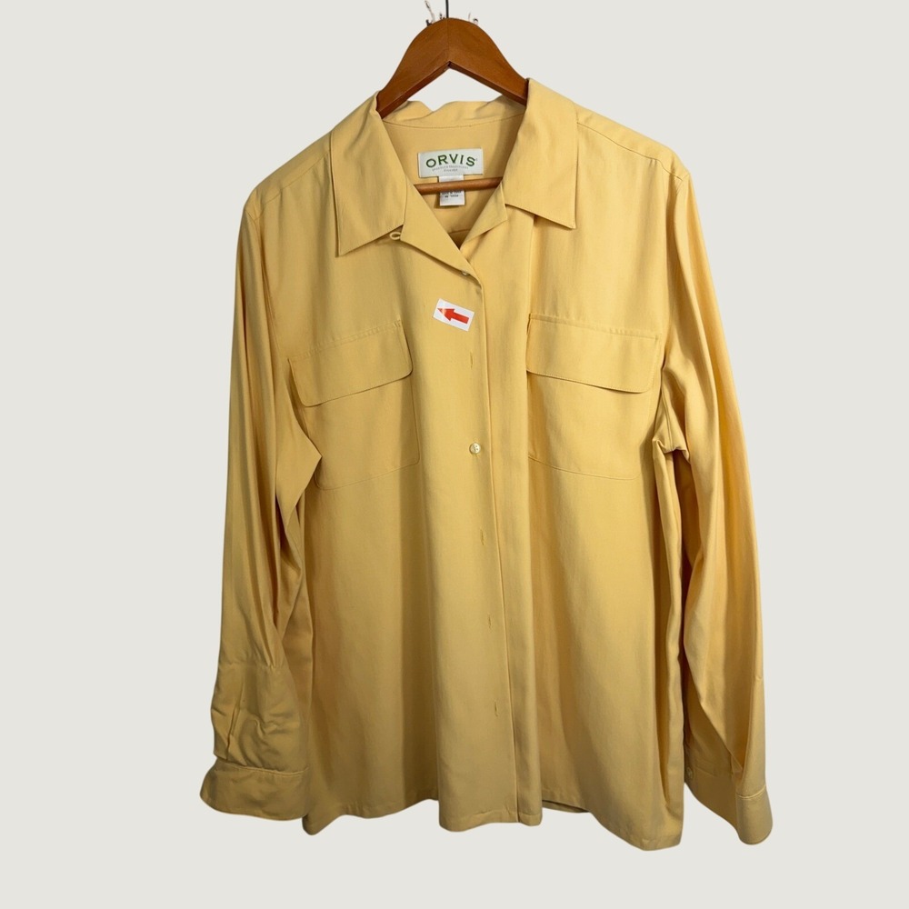 Orvis Button Down Shirt Womens XL Yellow 100% Silk Utility Pocket Long Sleeve